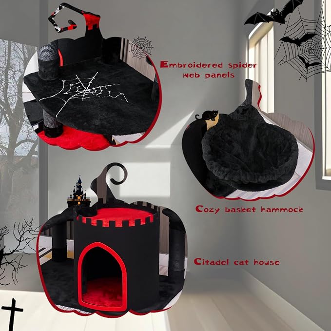 YARUOMY Gothic Castle Cat Tree, 68.9in Black Tall Cat Tower with Coffin Cat Bed, Spacious Cat Condo for Large Cats, Scratching Posts, Spider Hanging Ball,Basket,Cat Ball Track Toy