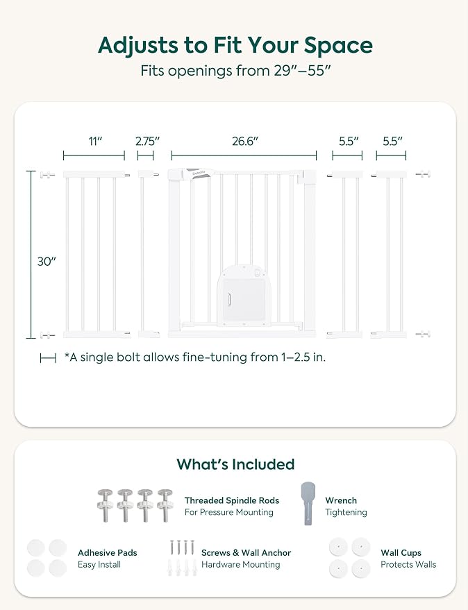 Babelio Extra Wide Baby Gate with Cat Door, CatPrivilege III, 29-55" | 30" Tall Pressure/Hardware Mounted Safety Gate for Large Openings, Auto-Close, White