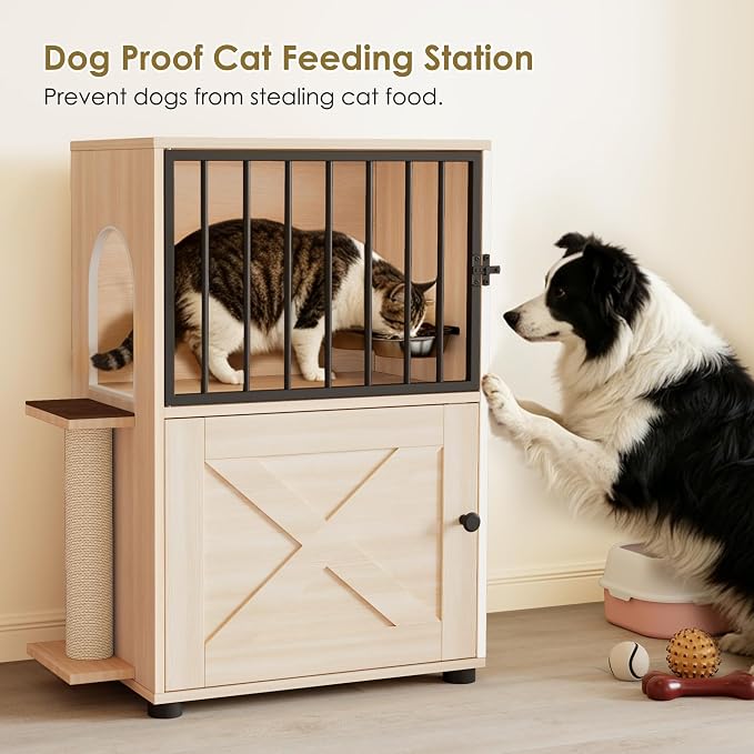 Dog Proof Cat Feeding Station, Dog Proof Cat Feeder, Cat Food Table | Cat Feeding Station with Scratching Post, Elevated Cat Food Bowls with Stand, Pet Food Storage Cabinet, Cat House Furniture