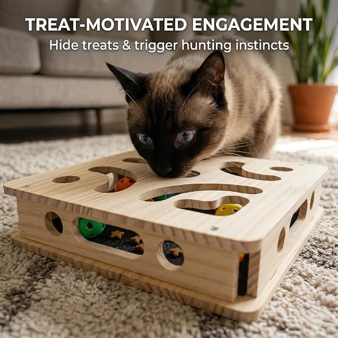 EIODEAR Cat Nail File Scratcher with 5 Sandpaper Pads, 4 Bell Balls, 8 Screw, Solid Wood Cat Scratch Puzzle Enrichment Box Nail Filer Box Toy to File Nails, Cat Treat Box for Treat-Motivated Cats