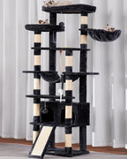 Heybly Tall Cat Tree 78-inch Multi-Level Cat Tower for Indoor Cats HCT033G | Cat Condo with 2 Widened Plush Perches, Multi-Level Cat Furniture with Scratching Board, Big Caves, Smoky Gray