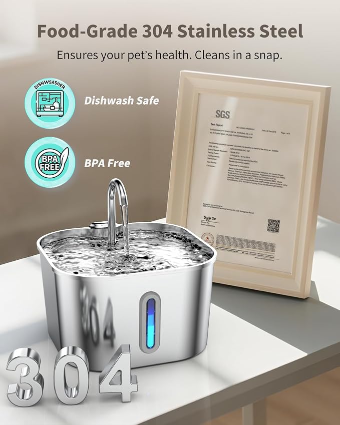 Stainless Steel Cat Water Fountain - 74oz/2.2L Cat Drinking Fountain | Quiet Cat Fountain for Indoor Cats and Small Dogs, Automatic Pet Water Dispenser Keeps Fresh Water