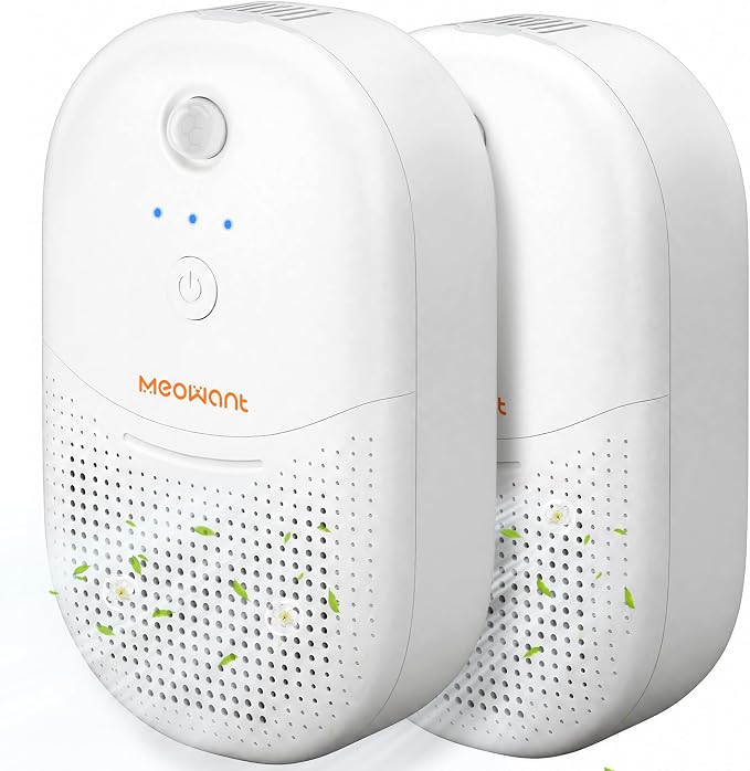Meowant Cat Litter Odor Deodorizer, Negative Ion Air Purifier with Odor Deodorant Gel, 3 Auto Modes Pet Odor Eliminator with Sensor Monitor, Rechargeable Wireless Odor Remover for Multi-Pet 2pcs