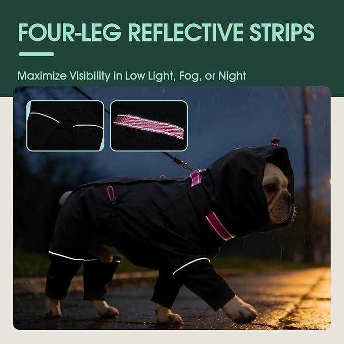 Kouser Waterproof Full-Body Coverage Dog Raincoat, Black 3XL | Dog Raincoat with Reflective Stripes, Adjustable Dog Rain Jacket with Leash D-Ring, Hooded Poncho for Small Medium Large Dogs