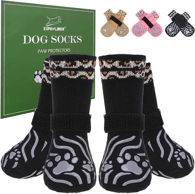 EXPAWLORER Dog Socks for Summer Hot Pavement to Prevent Licking Paws, Anti Slip Doggie Grippy Booties Shoes for Hardwood Floors, Boots & Paw Protectors for Small Medium Large Senior Dogs Black M
