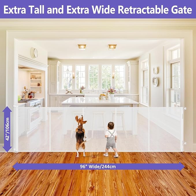 Reinforced 42" Tall Baby Gate 96" Wide Retractable Dog Gate Indoor/Outdoor | Tall Retractable Gate Prevent Crawling Under, Easy One-Hand Operation Safety Lock, Scratch-Resistant Mesh, Easy Install/White