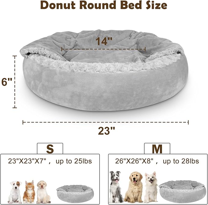 JOEJOY Small Dog Bed Cat Bed with Hooded Blanket, Cozy Cuddler Luxury Puppy Pet Bed, Donut Round Calming Anti-Anxiety Dog Burrow Cave Bed - Anti-Slip Bottom and Machine Washable 23 inch