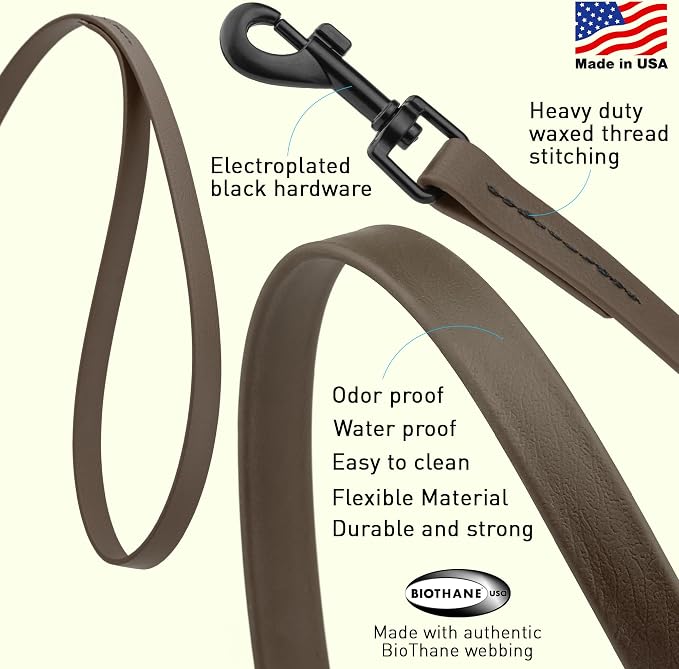 Dogline Biothane Waterproof Dog Leash Strong Coated Nylon Webbing with Black Hardware Odor-Proof Easy to Clean High Performance for Small or Large Dogs Made in USA 2 ft Lead, Dark Chocolate Brown