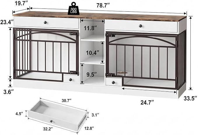 GarveeHome Dog Crate Furniture for 2 Dogs, Dog Kennel Indoor with Storage and Feeding Bowls, Double Dog Crate TV Stand for Small Medium Dogs, White