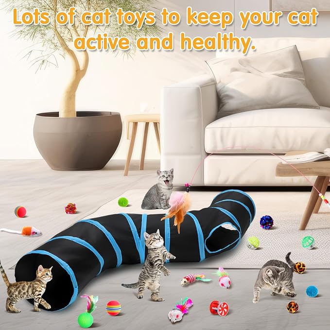 Poen 22pcs Cat Kitten Toys Set with 2 Collapsible Cat Tunnel and 20 Interactive Kitty Feather Toy, Fluffy Mouse, Crinkle Balls, for Kitten Puppy(Blue, Black)