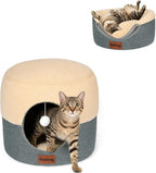 2-in-1 Foldable Cat Bed for Indoor Cats, Cat Cave & Sofa Bed | 15.7"D x 13"H, Reversible Plush & Linen Cushion,Enclosed Cat Bed, Hanging Cat Toys, Non-Slip, Small Cat House, Grey