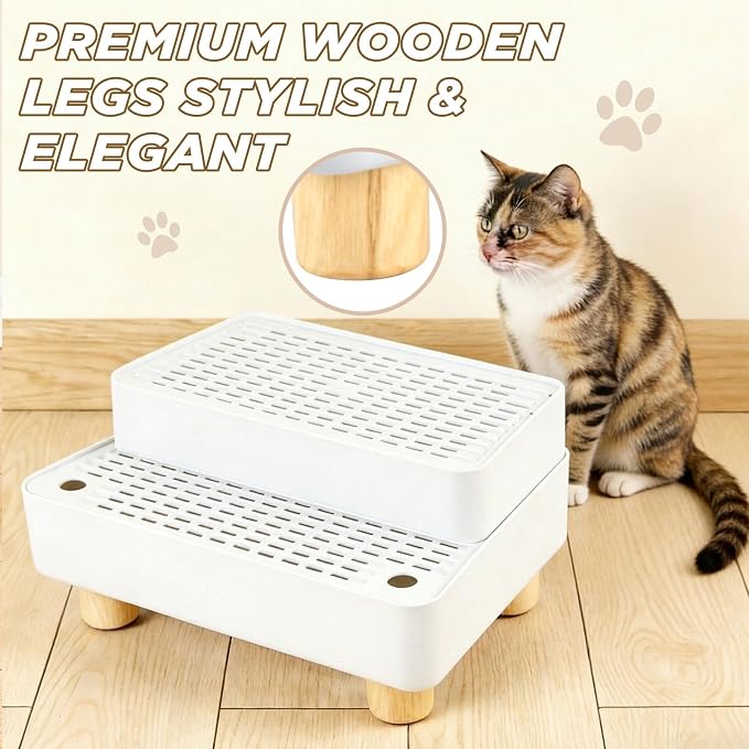 Adjustable Litter Box Step, Cat Litter Box Ramp/Catcher with Wooden Feet | 2 Steps,Fits Automatic Litter Box Steps, Filter Function, Anti-Tracking, Easy to Clean, For Small & Elderly Cats