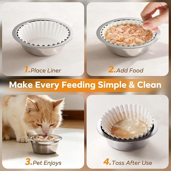 300 PCS Disposable Pet Feeding Bowls Bulk for Cats & Dogs, Leak Resistant | Printed Paper Cat Food Bowl Liners, Wet & Dry Food, Small Pet Bowl Covers, Easy Clean Feeding Supplies, White Pattern