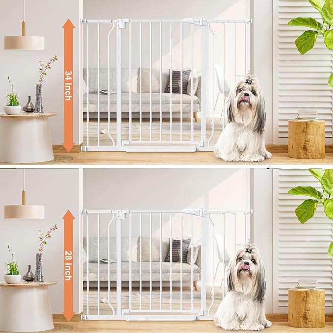 34" Tall Baby Gate No Drilling, Auto Close Dog Gate Indoor, White | for Doorways & Stairs, Pressure Mounted 29"-45" Wide Pet Gate, Easy Walk Through Stair Gate for Baby & Pet Stroller Friendly