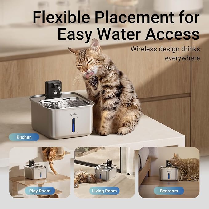 DownyPaws Cat Water Fountain Stainless Steel Wireless Automatic, Metal | Cordless Battery Operated Pet Water Fountain, 101 Oz/3L Water Fountain for Cats Drinking with Motion Sensor