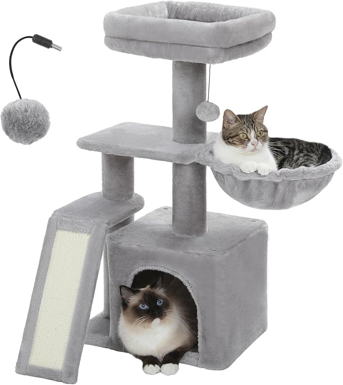PETEPELA Small Cat Tree for Indoor Cats, 32'' Cute Cat Tower Cat Condo with Sisal Scratching Ramp, Cozy Hammock and Removable Top Bed Perch for Kittens, Grey | Compact 4-in-1: sisal scratching ramp, cozy hammock, condo & removable washable top bed; for...