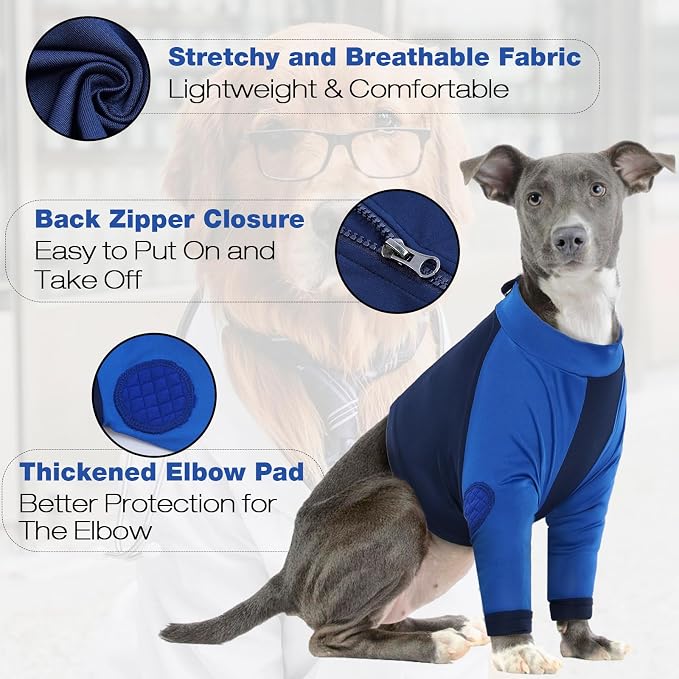 Lelepet Dog Recovery Suit for Front Legs, Dog Sleeve to Stop Licking Blue | Elbow Protector for Leg Injuries Shoulder Wounds After Surgery Male Female,Zippered Long-Sleeved Shirt Cone Alternative S-3XL