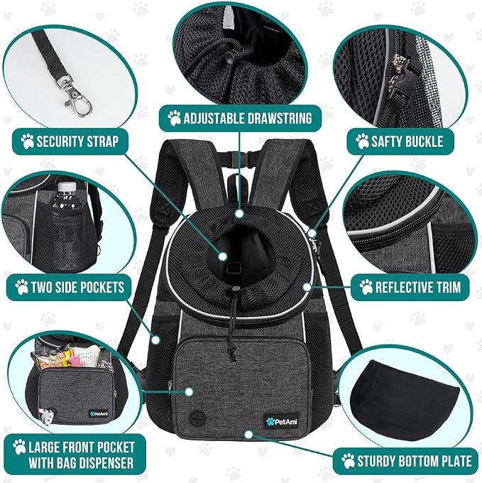 PetAmi Adjustable Dog & Cat Chest Carrier Backpack, Ventilated for Hiking & Camping, Small to Large Pets Up to 15 lbs, Dark Gray