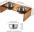 DBL2000D Keaton 5" Small/Medium Modern Acrylic Rectangular Elevated Pet Feeder with 20oz 2-Stainless Steel Bowls, Amber/Chrome