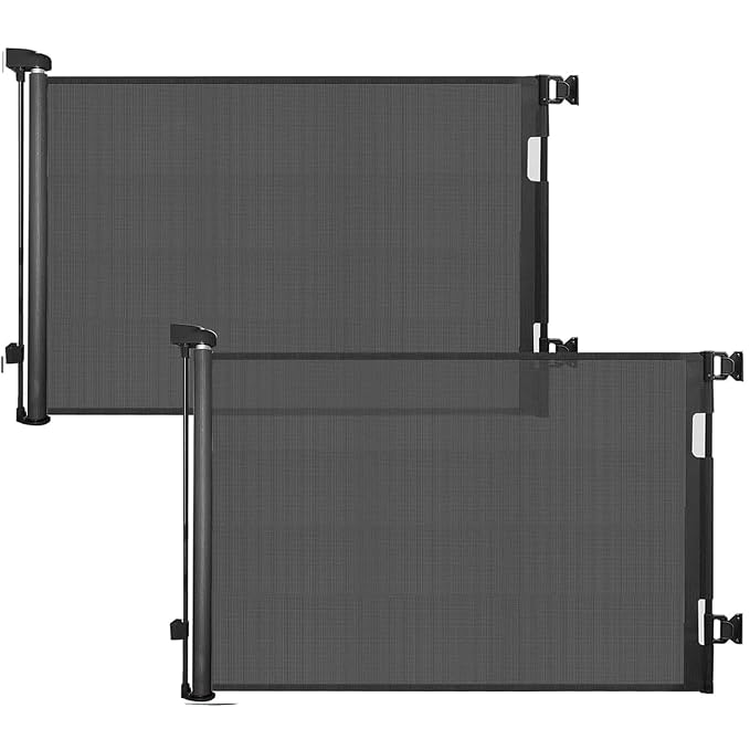 2PCS Retractable Baby Gates, Mesh Dog Gate for Doorways, 33.6" Tall, Expands to 55" Wide,Pet Safety Essential Fit for Baseboards, Wide Toddlers Gates for Hallways, Indoor & Outdoor,Black