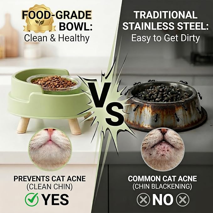 Ant Not Cross Elevated Cat Bowls Mess Proof-2 Food Grade Glass Bowls & 1 Lids- No Spill Cat Food and Water Feeding Station for Cats&Puppy Indoor & Outdoor,No Whisker Fatigue Dish,Yellow