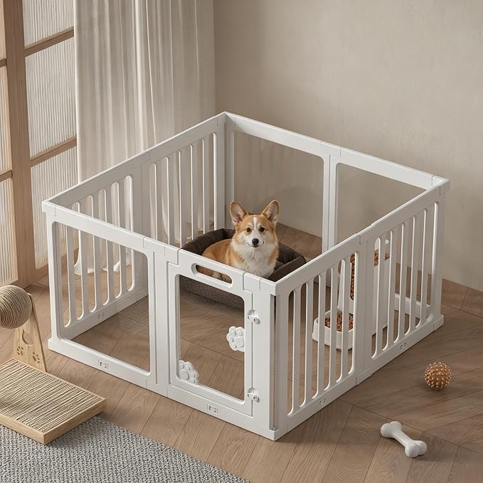 Clear Acrylic Dog Playpen with Door, 8-Panel 24 Inch Tall Indoor Puppy Enclosure with Secure Lock Door. Lightweight, Durable Washable Plastic, Easy Setup, Low Maintenance & Simple Cleaning（White）