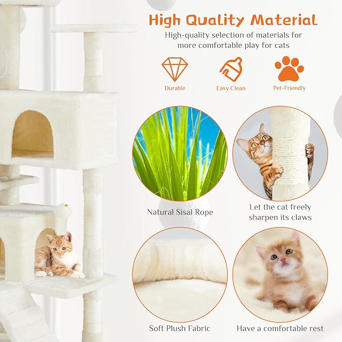 Sweetcrispy 54 Inch Cats Tree Tower with Scratching Post, Beige | Multi-Level Indoor Cat Tree Condo with Climbing Ladder, Plush Toy, Play House for Kittens