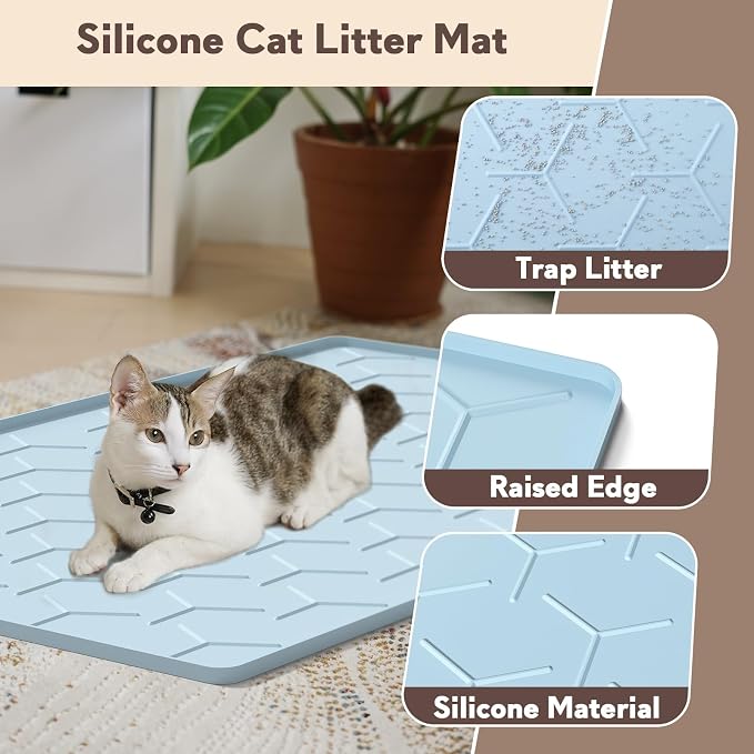 Garoopion Silicone Cat Litter Mat 34×22 inch, Easy to Clean, Blue | Waterproof Silicone Mat with Raised Edges, Catch Litter, Protect Floor from Urine, Multi-Use for Dog/Sink/Kitchen/Boots
