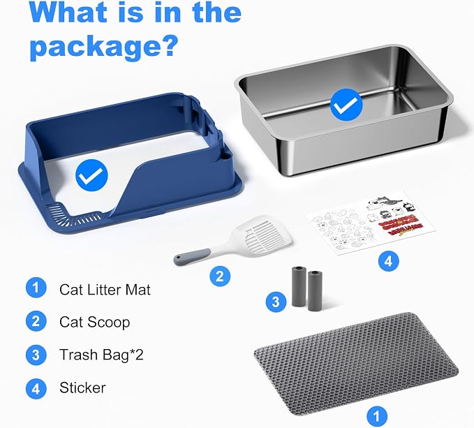 Non-Stick Stainless Steel Litter Box, XL Side Open Splash-Proof (Blue) | Leak-Proof Seamless Seal, Ellenpent Large Capacity, Cat Litter Box with Lid for Multi-Cats, Easy-Clean & Durable