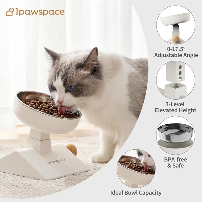 Raised Cat Bowl,Elevated Cat Bowl Stand with 3-Level Height,White | 5.6''/6.2''/6.8'' Height Elevated,0-17.5° tilt Neck-Friendly,25 OZ Large Capacity,304 Stainless Steel,Cats and Puppy