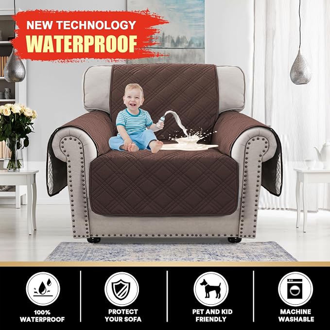 100% Waterproof Chair Sofa Slipcover for Living Room Water Resistant Couch Cover Furniture Protector Cover with Elastic Straps for Pets Kids Children Dog Cat(Chair 23", Brown)