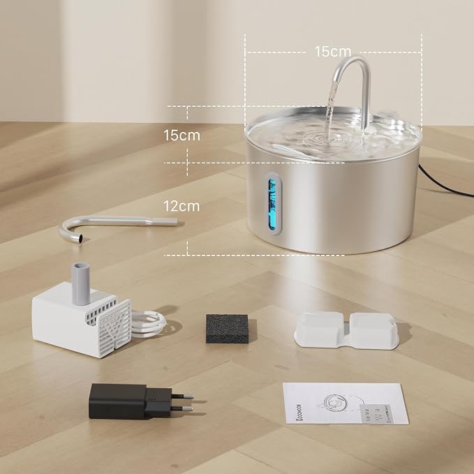 74oz Cat Water Fountain Stainless Steel for Drinking(6 Filters 3 Sponges) | 2.2L Pet Water Fountain for Cats Inside, Automatic Cat Water Dispenser Bowl, with Faucet Water Level Window, Ultra Quiet Pump