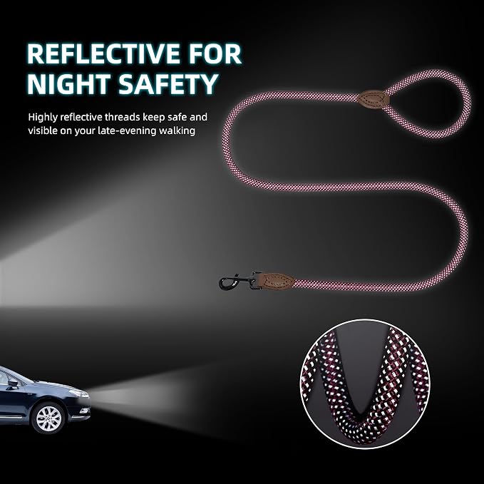 Mile High Life Dog Leash with Genuine Leather Connection, Reflective | Rope Leash, Heavy Duty 360° Swivel Metal Clasp, for Small Medium & Large Dogs Walking (Hot Pink, 48 Inch-1/2)