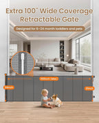 100" Extra Wide Retractable Baby Gate, Extra Long Indoor Pet Gate | 34“ Tall Mesh Dog Gate with 8 Reinforced Rods for Added Stability, for Family Rooms, Open Concept Areas & Play Areas, Gray