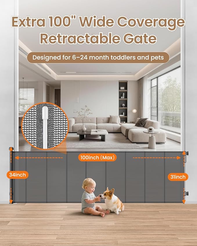 100" Extra Wide Retractable Baby Gate, Extra Long Indoor Pet Gate | 34“ Tall Mesh Dog Gate with 8 Reinforced Rods for Added Stability, for Family Rooms, Open Concept Areas & Play Areas, Gray