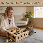 Cat Toys, Cat Scratcher Puzzle Enrichment Box - Wooden Cat Nail File with 2 Catnip Mice & 2 Balls & 2 Wand, Interactive Cat Toy Treat Maze for Indoor Cats, Stress-Free Cat Scratch Box That Trim Nails