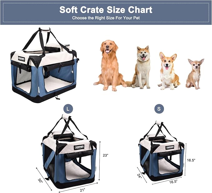 JESPET Soft Dog Crates Kennel for Pets, 3 Door Soft Sided Folding Travel Pet Carrier with Straps and Fleece Mat for Dogs, Cats(6-Lake Blue, Large(30" L x 21" W x 23" H))