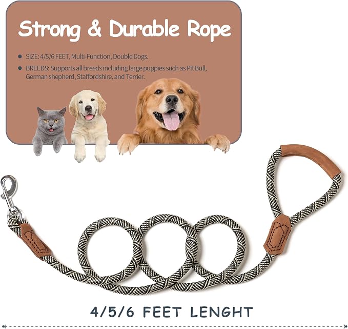Mile High Life Dog Leash with Genuine Leather Handle, 6 FT/5 FT/4 FT | Leather Grip Rope Leash, Heavy Duty 360° Swivel Metal Clasp, for Small Medium & Large Dogs