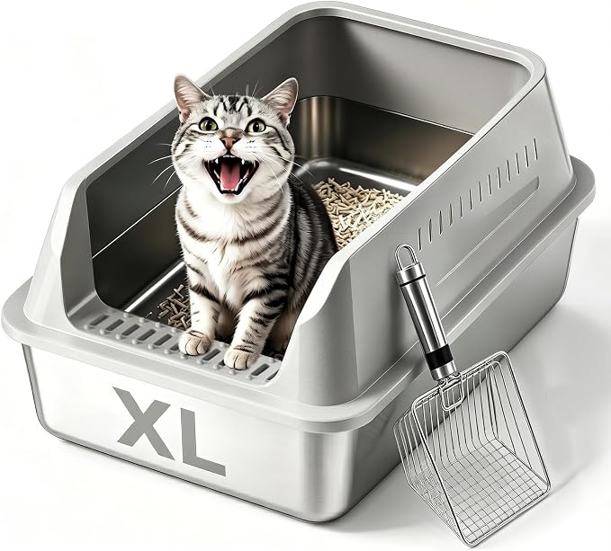 XL Enclosed Stainless Steel Cat Litter Box with Lid, Extra Large Metal Litter Box for Big Cats,High-Sided Anti-Urine Leakage, Odor-Free Non-Stick, Easy to Clean, Includes Metal Scoop