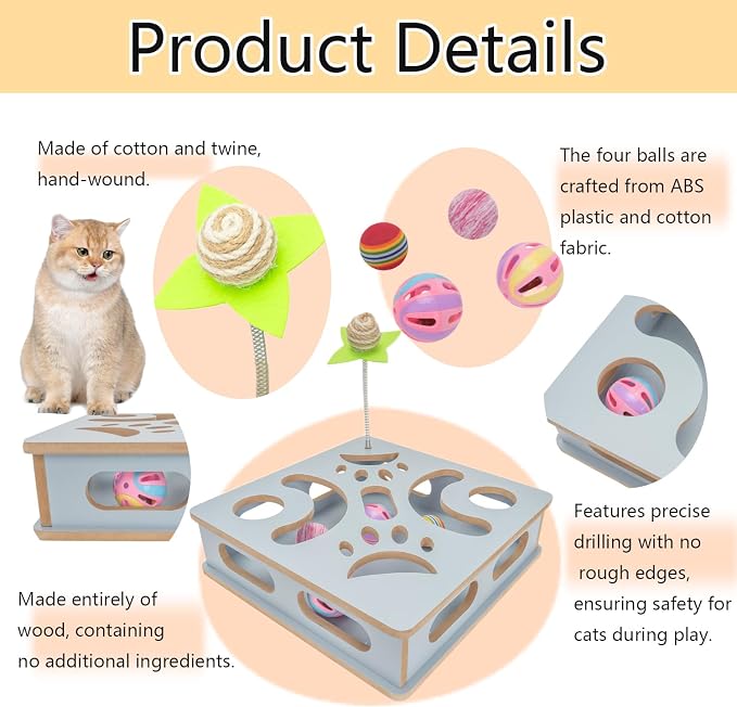 Interactive Wooden Cat Puzzle Toy Box Indoor Hunting Play Toy to Stimulate Your Cat’s Energy and Instincts (Blue)