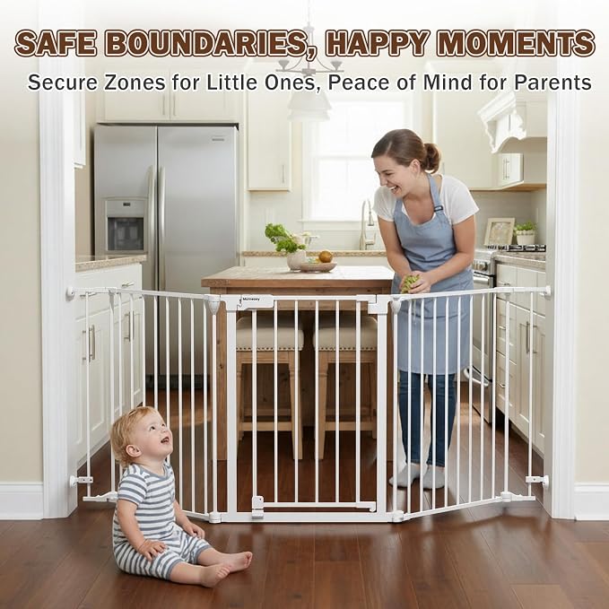 Mumeasy 126" Extra Wide Baby Gate for Doorways, Stairs & Fireplace, Indoor | Auto Close Safety Dog & Pet Gate with Walk Thru Door, Childproof Fence for Hallway Kitchen House Outdoor,5 Metal Panels,White