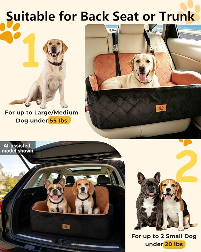 Dog Car Seat for Medium/Large Dogs, Dog Booster Car Seat Under 55 lbs or 2 Small Dogs, High-Support Memory Foam, Travel Bed with Storage Pockets