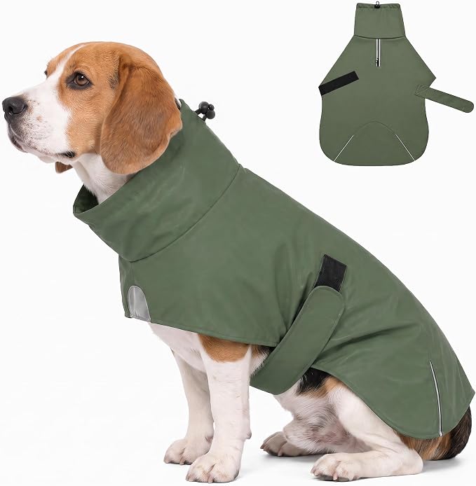 PU Dog Raincoat, Non-Toxic & Odorless Waterproof Vest, Adjustable High Neck and Hook & Loop Belly Closure for Rainy Potty Breaks & Wet Weather Outdoor Walks (Olive Green, Small)