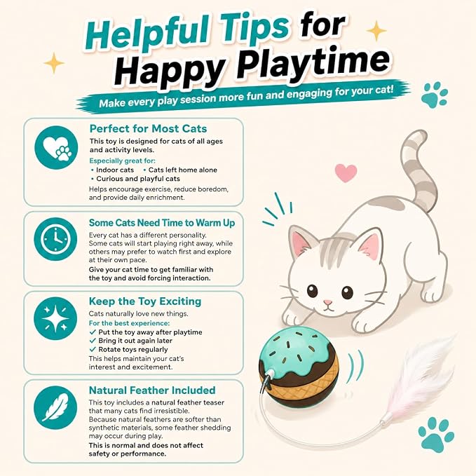 Interactive Cat Toys for Indoor Cats, Automatic Rechargeable Rolling Ball | Realistic Bird Chirping Sound, 6-Color Breathing Light Wand, Feather & Tail Attachments included, Large 3-Inch Ball Design