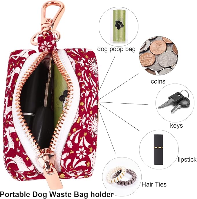 ARING PET Dog Waste Bag Dispenser, Cotton Doggy Poop Bags Holders Attach to Any Leashes, Portable Washable Christmas Pet Waste Pouch Dispenser with Metal Zipper
