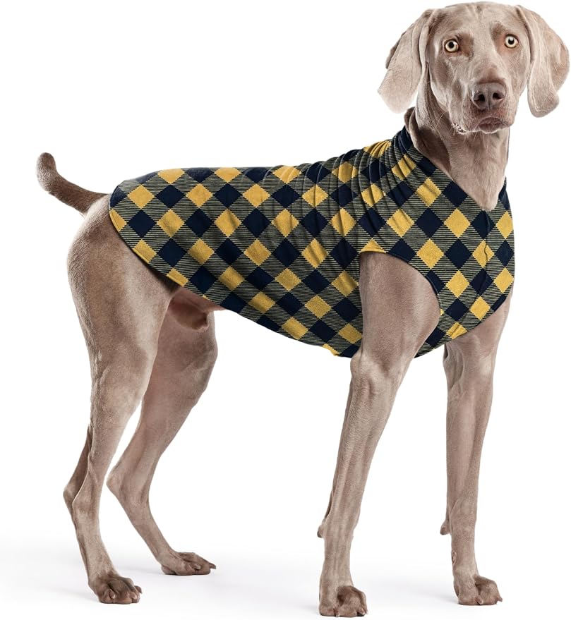 Goldpaw Stretch Fleece Dog Sweater - with Spandex for 4-Way Stretch - Soft, Comfortable Dog Coat - Machine Washable - Made in the USA - Gold Buffalo Check - Size 22