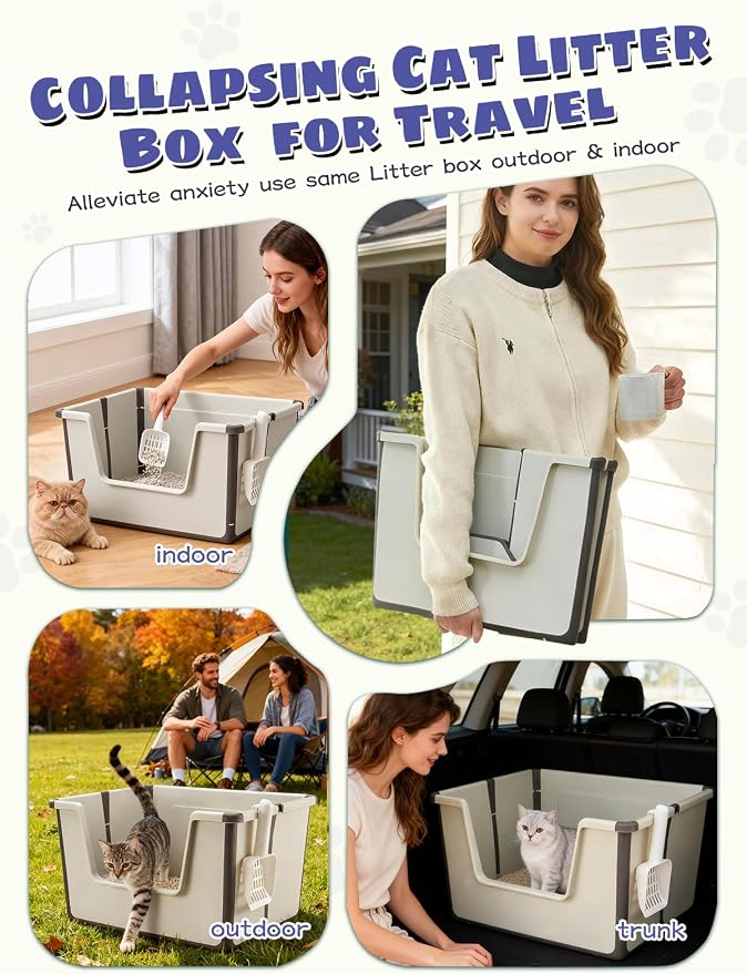 Large Cat Litter Boxes (16x20x12 Inch) with Scoop, Portable Cat Litter Box for Travel with Open Top & High Side, Foldable Box Easy to Carry to Indoor or Outdoor, for Kitty & Big Cats