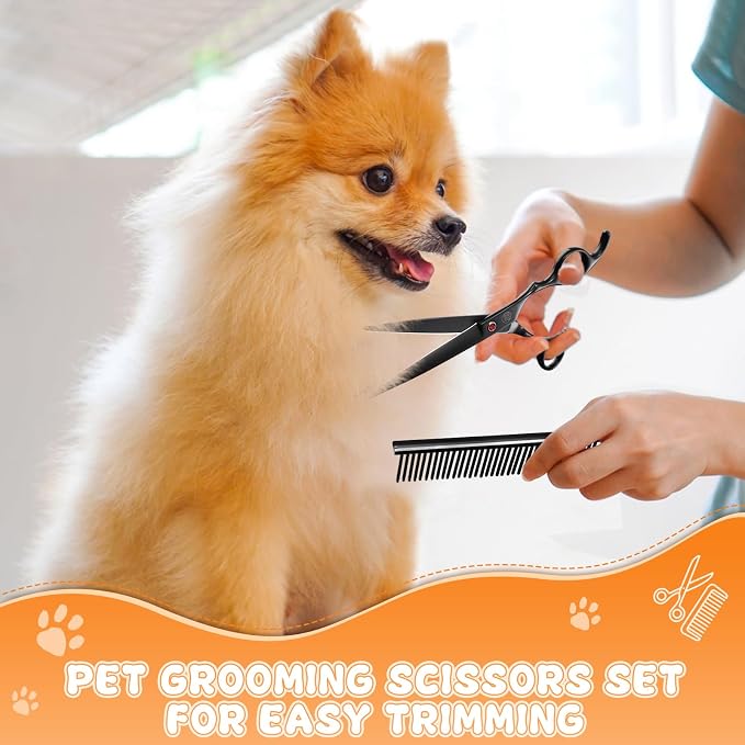 Professional Dog Grooming Scissors Set, 7 Inch/8 Inch Pet Grooming Scissors Chunkers Shears for Dog, Curved Dog Grooming Scissors, Thinning Shears for Dog with Grooming Comb | Pet Grooming Chunkers Shears for Dog, Curved Dog Grooming Scissors, Thinning...