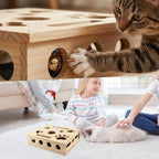 Cat Nail File Box, Wooden Scratch Puzzle Enrichment Box, Textured Nail Filing Surface, Includes Bell Ball and Cat Teasing Stick, for Indoor Cats