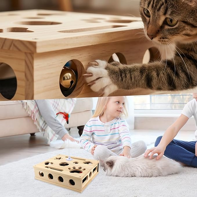 Cat Nail File Box, Wooden Scratch Puzzle Enrichment Box, Textured Nail Filing Surface, Includes Bell Ball and Cat Teasing Stick, for Indoor Cats